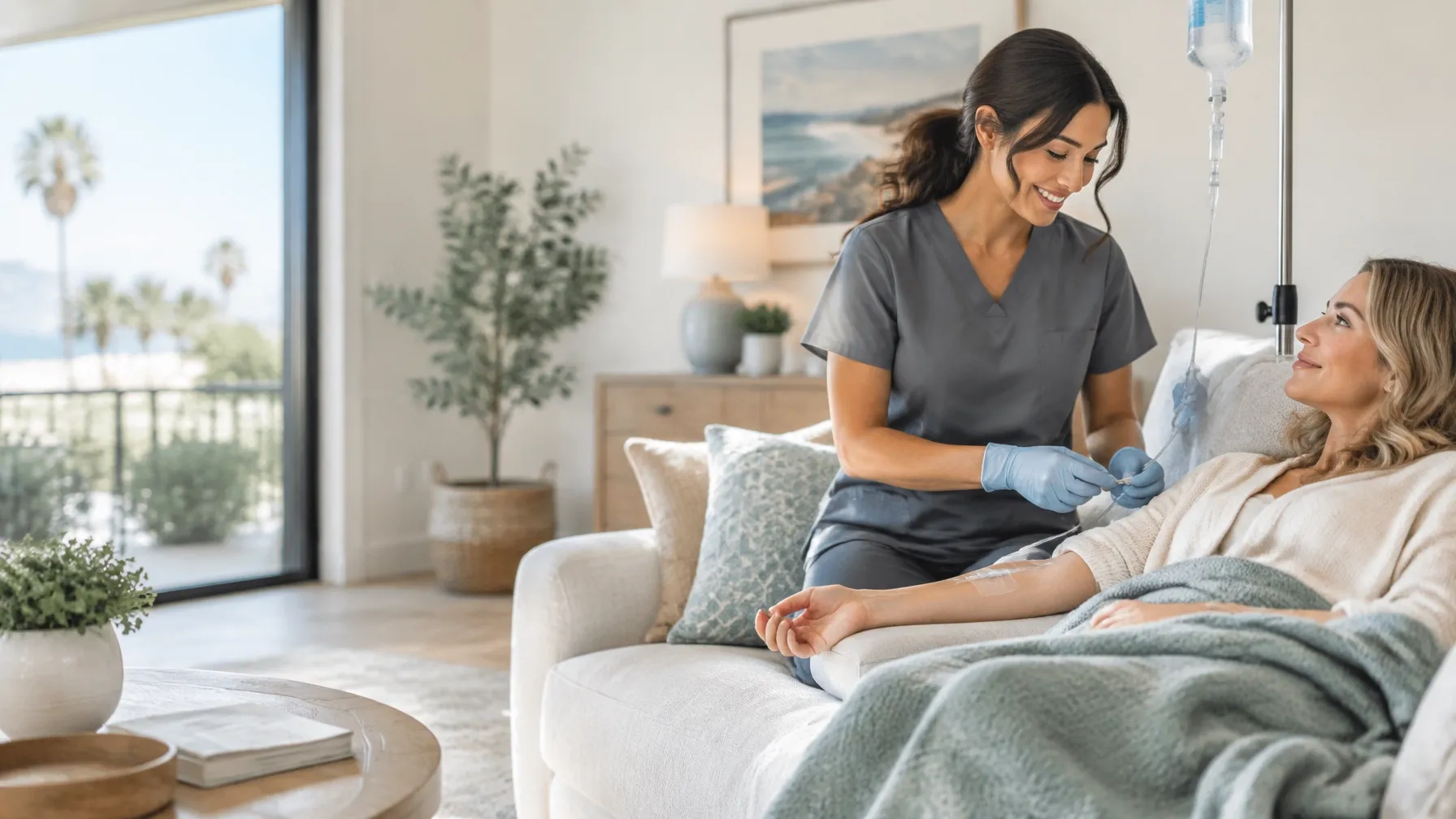 A professional mobile IV nurse caring for a relaxed client in a comfortable home