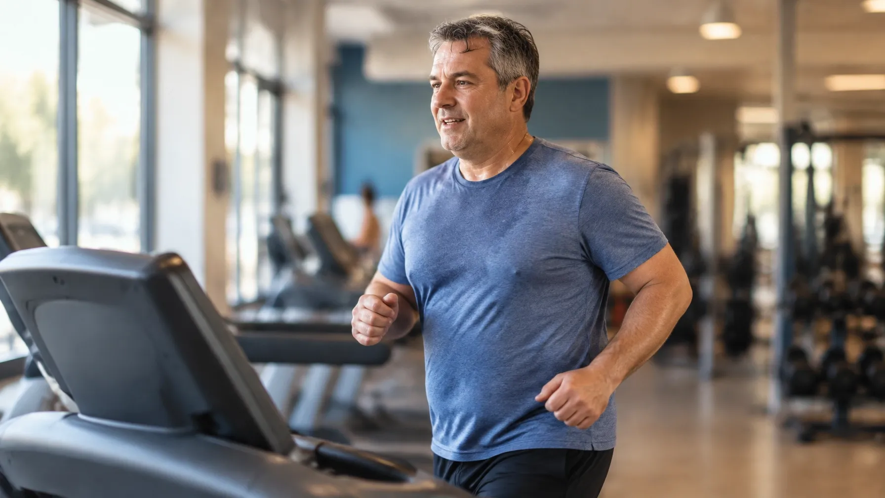 Determined man jogging on a treadmill during a workout in a gym